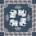 India. Lovely tablecloth or quilt. Ethnic bandana print with ornamental border. Silk neck scarf with flowers and elephants. Royalty Free Stock Photo