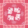 India. Lovely tablecloth. Quilt. Ethnic bandana print with ornamental border. Silk neck scarf with flowers, elephants. Royalty Free Stock Photo