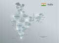 India map and flag, administrative division, separates regions and names individual region, design glass card 3D Royalty Free Stock Photo