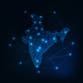 India map glowing silhouette outline made of stars lines dots triangles, low polygonal shapes. Royalty Free Stock Photo