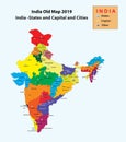 India map 2019. India old map with States capital and cities name. popular cities in India