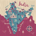 India map, vector flat illustration, Elephant, cow, sitar, palm tree, city.