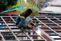 Worker welder brews metal frame for the canopy roof