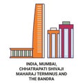 India, Mumbai, Chhatrapati Shivaji Maharaj Terminus And The Bandraworli Sea Link travel landmark vector illustration