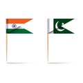 India and Pakistan paper national flags in the form of a pin on a wooden stick with a toothpick, isolated on a white background.