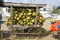 India, Puducherry, coconuts fruits in wagon on sale