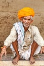 India Rajasthan Jodhpur. Portrait of an old man with yellow turban