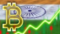 India Realistic Flag with Neon Light Effect Bitcoin Icon Radial Blur Effect Fabric Texture 3D Illustration