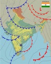 India. Realistic synoptic map of the India showing isobars and weather fronts. Meteorological forecast. Topography and physical