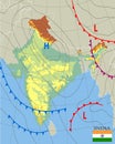 India. Realistic synoptic map of the India showing isobars and weather fronts. Meteorological forecast. Topography and physical