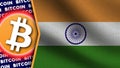 India Realistic Wavy Flag, Bitcoin Logo and Titles, Circle Neon 3D Illustration