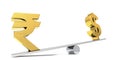 India rupee and dollar sign on the balance ba