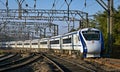 India\'s first indigenous development semi high speed Vande Bharat express , also known as train 18, speeding through Karjat