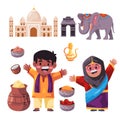 India set collection of object boy kids girl wearing indian tradional clothing elements tourism graphic Royalty Free Stock Photo