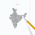 India sketch scribble vector map drawn on checkered school notebook paper background