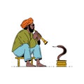 India, snake and charmer. Man with flute and cobra. Vector summer illustration Royalty Free Stock Photo