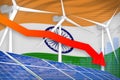 India solar and wind energy lowering chart, arrow down - modern natural energy industrial illustration. 3D Illustration