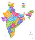 India high detailed vector map showing states and districts boundaries with states` names and capitals. Flag of India