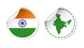 India sticker with flag and map. Label, round tag with country.