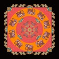 India. Summer kerchief square pattern design with beautiful flowers, paisley and elephants.