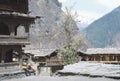 1977. India. Temple with wooden carvings. Malana. Royalty Free Stock Photo