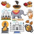 India tourism travel and Indian culture attractions vector symbols set