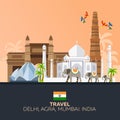 India. Tourism. Travelling illustration Indian. Modern flat design. Indian elephant. Taj mahal, Lotus temple, gateway of India Royalty Free Stock Photo