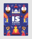 India travel poster, vector illustration. Typography quote India is waiting for you. Sightseeing tour to exotic Asian