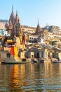 India, Varanasi, 27 Mar 2019 - A view of the ghats Ratneshwar Mahadev, Manikarnika Ghat and Scindia Ghat in Varanasi Royalty Free Stock Photo