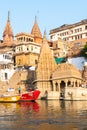 India, Varanasi, 27 Mar 2019 - A view of the ghats Ratneshwar Mahadev, Manikarnika Ghat and Scindia Ghat in Varanasi Royalty Free Stock Photo
