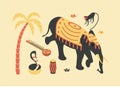 India, vector flat isometric illustration, 3d icon set: palm tree, sitar, monkey, elephant, lotus flower, snake cobra Royalty Free Stock Photo