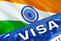 India visa document close up. Passport visa on India flag. India visitor visa in passport,3D rendering. India multi entrance in Royalty Free Stock Photo