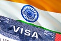 India Visa Document, with India flag in background. India flag with Close up text VISA on USA visa stamp in passport,3D rendering. Royalty Free Stock Photo