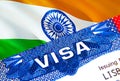 India Visa in passport. USA immigration Visa for India citizens focusing on word VISA. Travel India visa in national Royalty Free Stock Photo