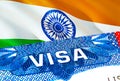 India Visa. Travel to India focusing on word VISA, 3D rendering. India immigrate concept with visa in passport. India tourism Royalty Free Stock Photo