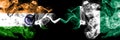 India vs Nigeria, Nigerian smoke flags placed side by side. Thick colored silky smoke flags of Indian and Nigeria, Nigerian