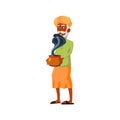 indian aged man with cobra snake in pot cartoon vector