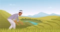 Indian agriculture landscape. Farmer working in indian rice fields rural worker vector cartoon background