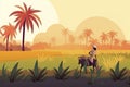 Indian agriculture working. Farmer harvesting in field asia vector background in cartoon style