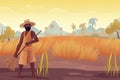 Indian agriculture working. Farmer harvesting in field asia vector background in cartoon style