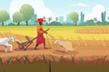 Indian agriculture working. Farmer harvesting in field asia vector background in cartoon style