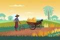 Indian agriculture working. Farmer harvesting in field asia vector background in cartoon style