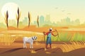 Indian agriculture working. Farmer harvesting in field asia vector background in cartoon style