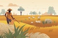 Indian agriculture working. Farmer harvesting in field asia vector background in cartoon style