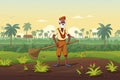 Indian agriculture working. Farmer harvesting in field asia vector background in cartoon style