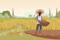 Indian agriculture working. Farmer harvesting in field asia vector background in cartoon style