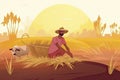 Indian agriculture working. Farmer harvesting in field asia vector background in cartoon style