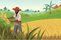 Indian agriculture working. Farmer harvesting in field asia vector background in cartoon style