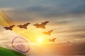 Indian Air Force Day. Indian jet air shows on background of sunset with transparent Indian flag.
