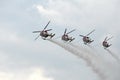 Indian Air Force SARANG aerobatic team on ALH multi-purpose helicopters in the sky of the MAKS-2021 International Aviation and Spa